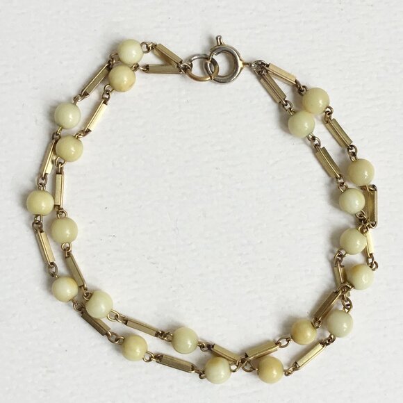 Vintage Yellow Beaded Double Strand Gold Tone Link Bracelet - Picture 2 of 3